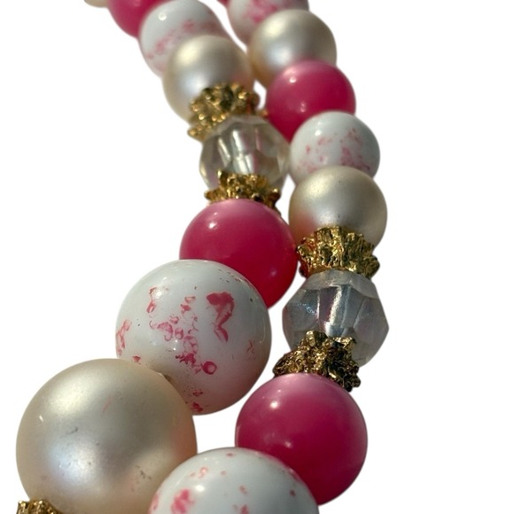 Vintage‎ Pink Double Strand Necklace Cat's Eye Faux Pearl Chunky Beads Marbled - Picture 13 of 16